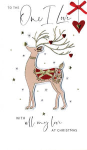 alt="Quality hand-finished, glitter embellished One I Love Christmas Reindeer greeting card by Second Nature sealed in a protective wrapping complete with envelope"