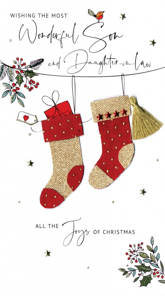 alt="Quality hand-finished, glitter embellished Son & Daughter-in-law Christmas Stockings greeting card by Second Nature sealed in a protective wrapping complete with envelope"