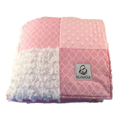alt="Belamour’s Quatrefoil Pink baby blanket with the softest baby pink dot chenille, bright, crisp white rose chenille and the classic Quatrefoil cotton pattern"