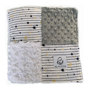 alt=“Belamour’s Stars and Stripes baby blanket with soft grey dot chenille, crisp white rose chenille and a modern star and stripe cotton pattern”