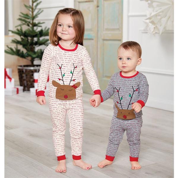 alt="This unisex 2 piece printed so-soft brushed jersey long pajama set features contrast cotton rib binding and jersey reindeer applique with printed antlers and wood button nose. 60% Cotton 40% Polyester. 9-12 months"